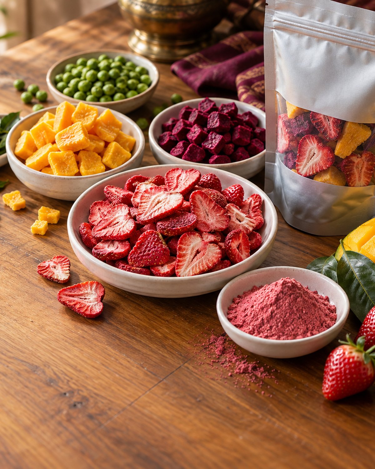 Freeze-dried mango, strawberries, beetroot and peas